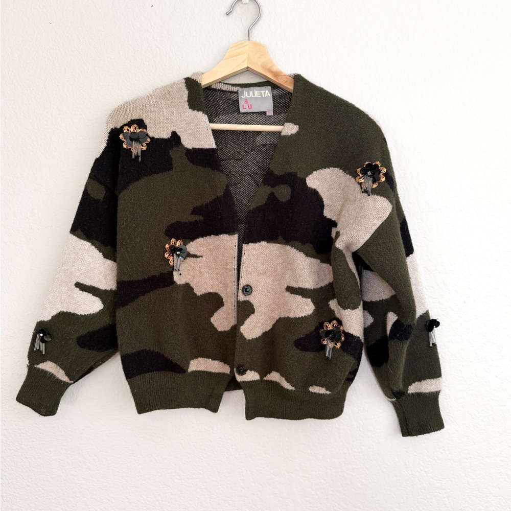 Julieta & Lu Camo Cardigan Embellished Knit Button Front Size Small